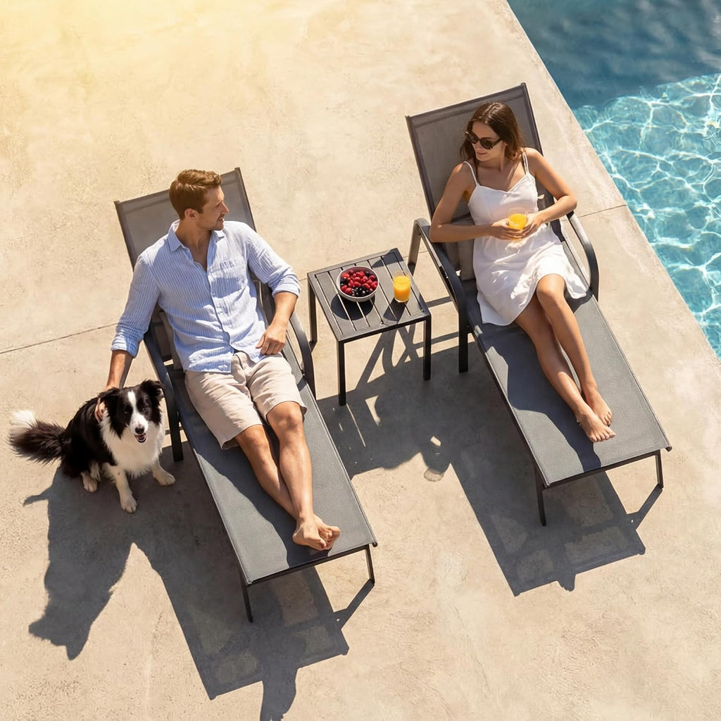 Outdoor Chaise Lounge Chair Adjustable Pool Lounge Chairs with Lumbar Pillow Outside Tanning Chairs for Beach Deck Backyard Lawn (Grey, 2 pcs)