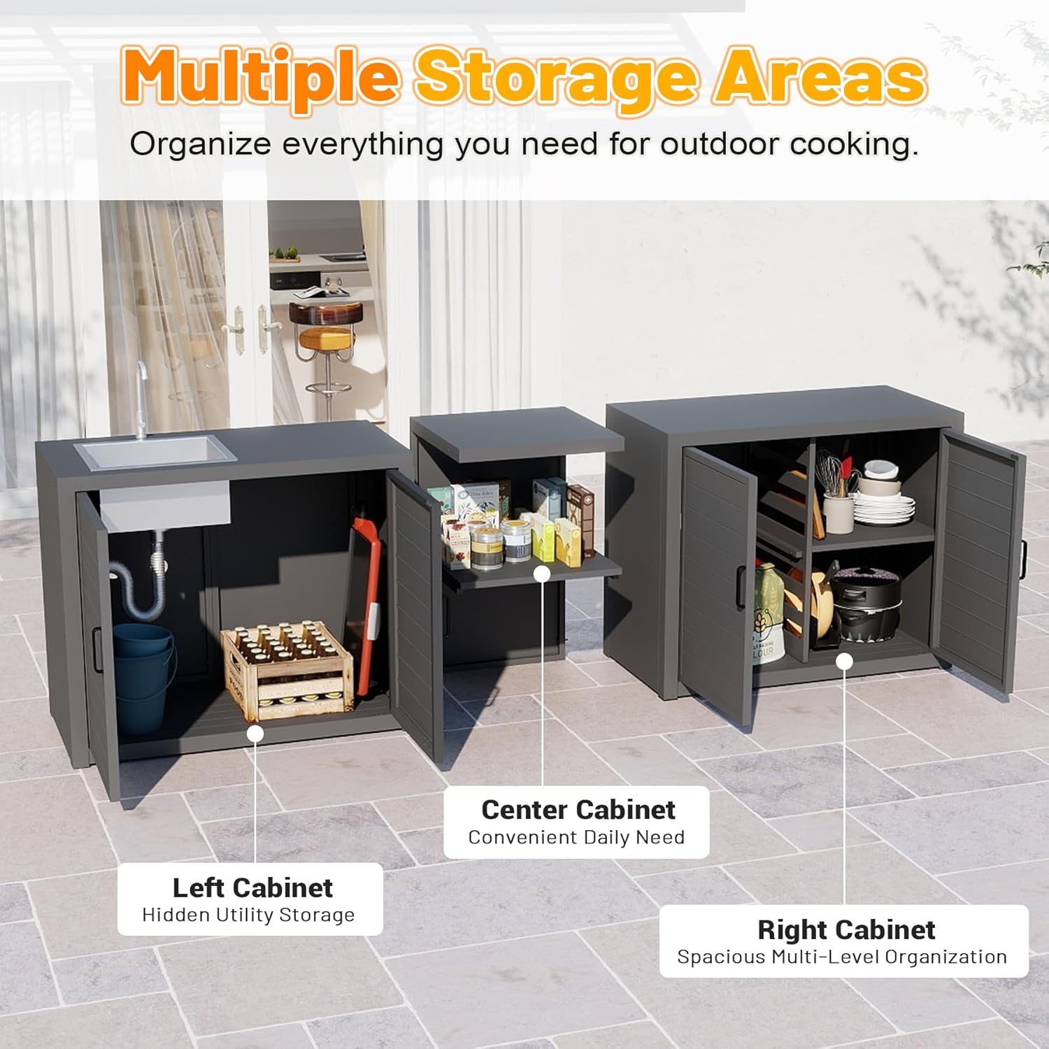 Domi Outdoor Kitchen with Stainless Steel Sink, Aluminum Outdoor Prep Table & Storage Cabinet, 3-Piece All Weather Patio Modular Station for Backyard, Dark Grey