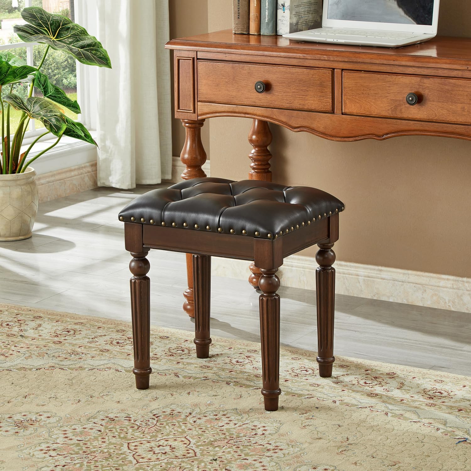 Vanity Bench Stool with Button Tufted, Solid Wood Vanity Bench Seat with Microfiber Leather Cushion for Bedroom, Dinning Roon, Entryway, Cloakroom, Study (Dark Brown)