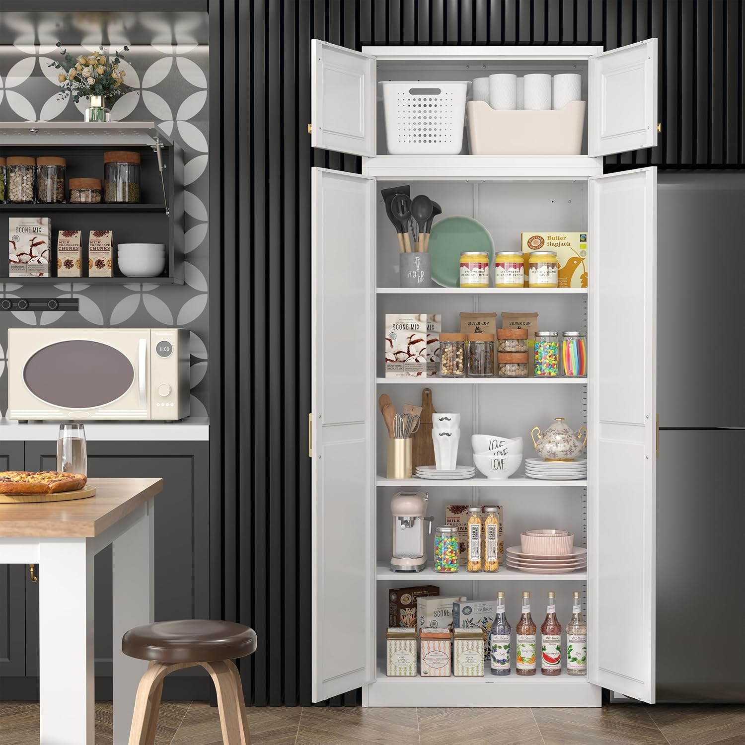 Steeloong86“ Kitchen Pantry Cabinet,Metal Storage Cabinets with Doors and 4 Adjustable Shelves,White Kitchen Cabinet with 4 Gold Handles,Tall Cabinet for Livingroom,Pantry, Bathroom
