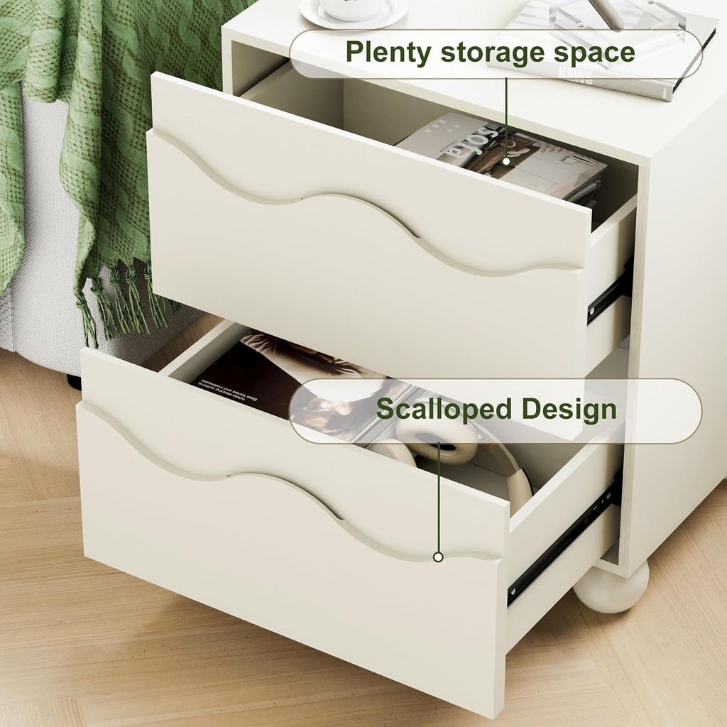 Anbuy Beige Nightstand Set of Two, Modern Night Stand Set of 2 with 2 Drawers for Bedroom, Side End Table with Hidden Handles Scalloped Bedside Night Tables with Solid Wood Legs