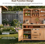 Merax 45.3" Large Outdoor Fir Wood Potting Bench with Storage, Multi-Functional Patio Kitchen Island, 6-Shelf Hutch+2 Cabinets+2 Drawers+3 Hooks, Garden Workstation for Planting, Gardening, Natural