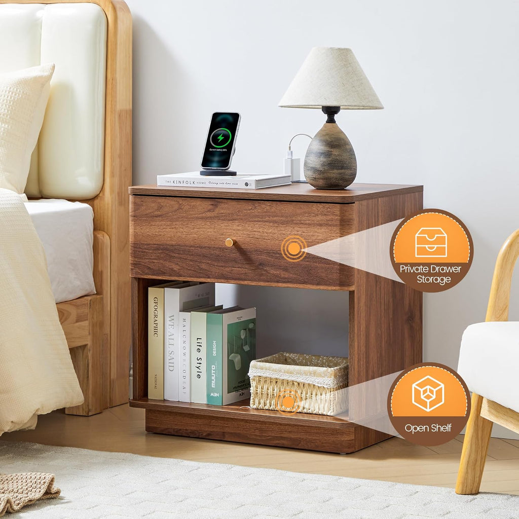 FurSch Modern End Table with Charging Station for Living Room, Wood Side Table with Drawer & Storage Shelf for Bedroom Couch Sofa (Walnut-1 pc)