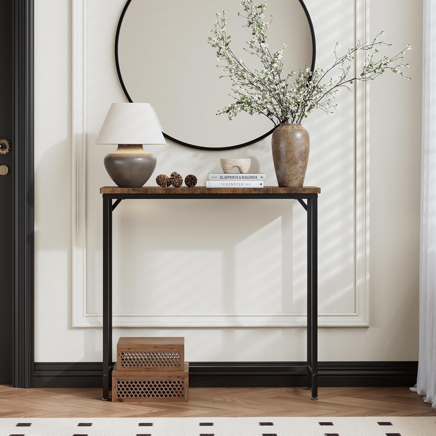 Narrow Entryway Console Table & Sofa Side Table - Industrial Hallway Table for Small Spaces, Behind Couch Table, Multi-Functional Living Room Bedroom Office,Brown, 29.5" x 9.4" x 29.5"