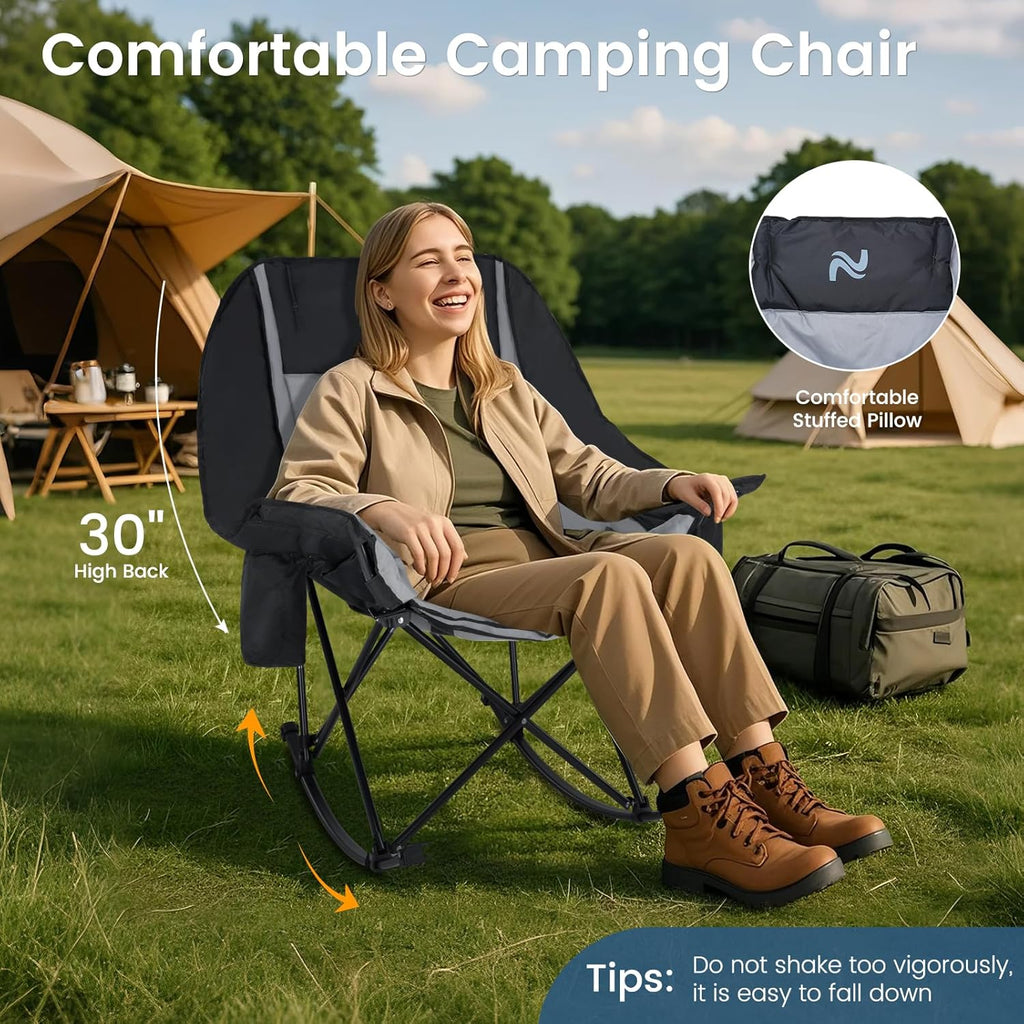 LILYPELLE Oversized Rocking Camping Chair for Adults, Fully Padded Folding Outdoor Lawn Chair with Cooler Bag and Side Pocket, Portable Recliner Rocker Chair for Camp, Patio, Backyard