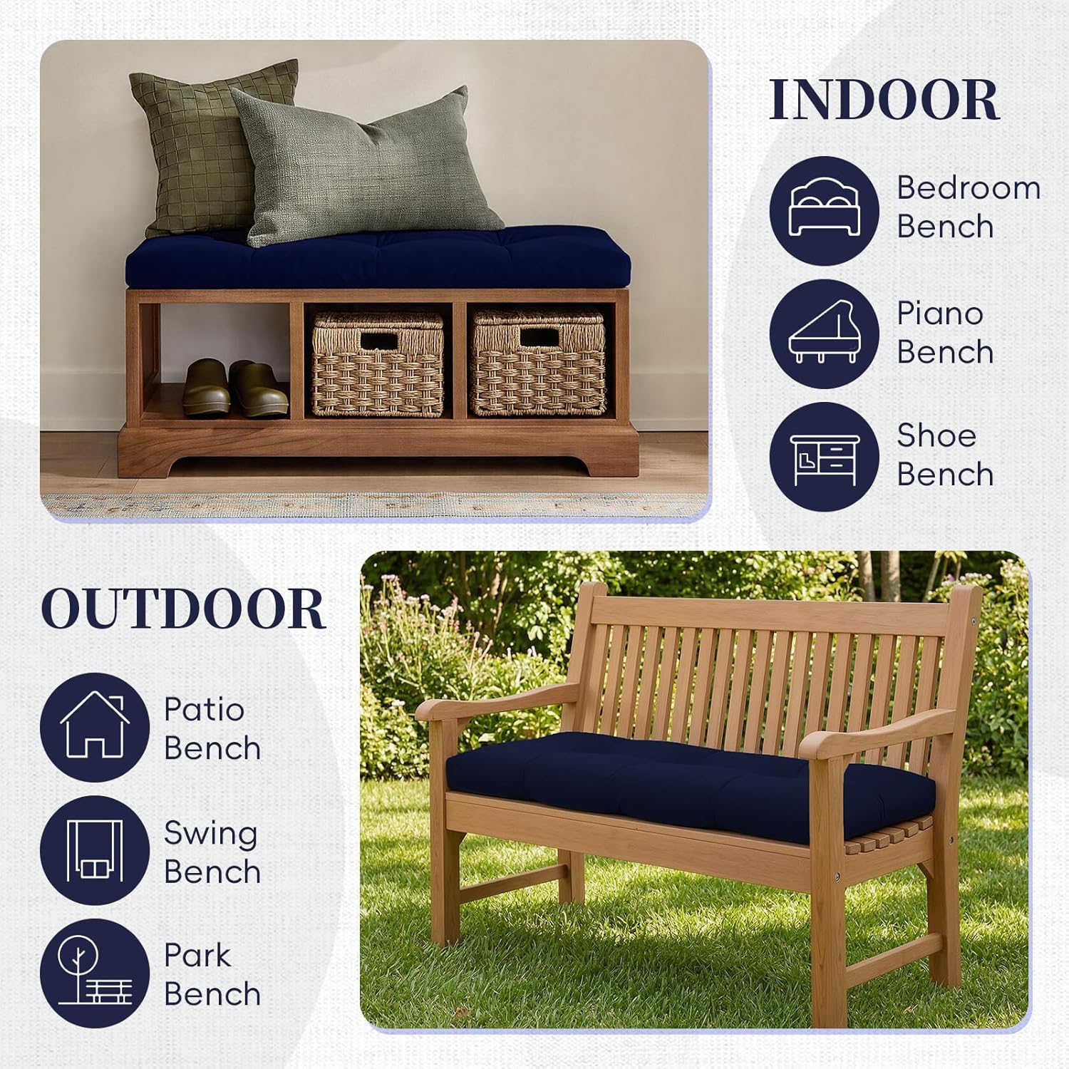 Bench Cushion for Indoor/Outdoor Furniture, Waterproof Patio Bench Seat Cushion with Non-Slip Bottom, 42x16x4 inch, Navy