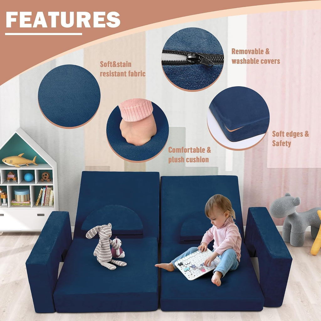 Betterhood Modular Kids Play Couch, 10PCS Child Sectional Sofa Imaginative Furniture Play Set for Creative Kids, Toddler to Teen Bedroom Furniture, Girls and Boys Playroom Convertible Sofa, Blue