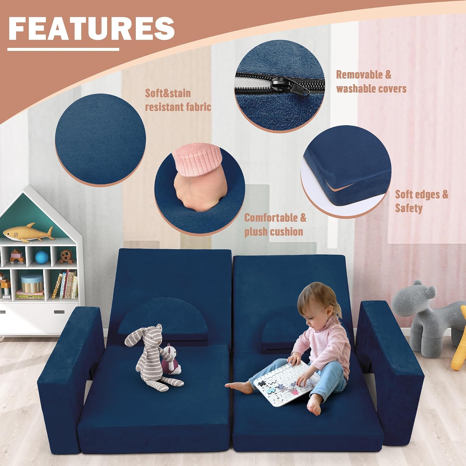 Betterhood Modular Kids Play Couch, 10PCS Child Sectional Sofa Imaginative Furniture Play Set for Creative Kids, Toddler to Teen Bedroom Furniture, Girls and Boys Playroom Convertible Sofa, Blue