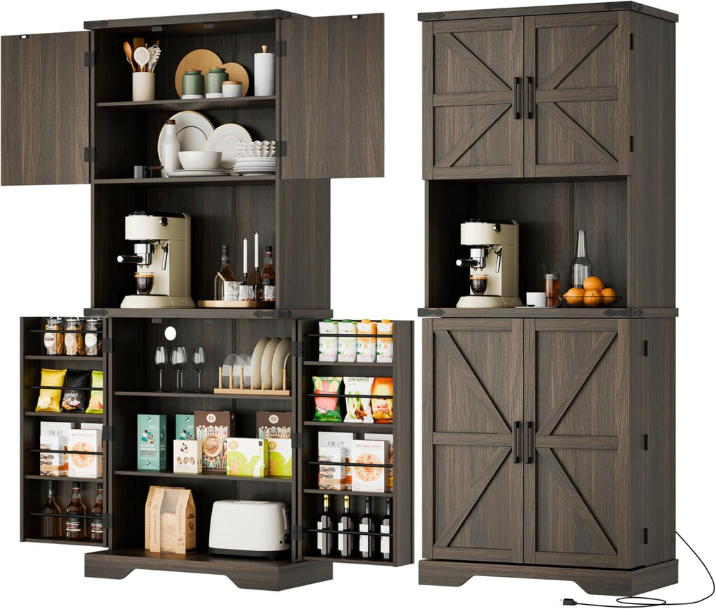Cozy Castle 74" Farmhouse Pantry Cabinet with Charging Station, Tall Kitchen Storage Hutch Cabinet Coffee Bar Workstation, Sideboard Buffet Cupboard for Dining Room Living Room Furniture, Dark Brown