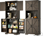Cozy Castle 74" Farmhouse Pantry Cabinet with Charging Station, Tall Kitchen Storage Hutch Cabinet Coffee Bar Workstation, Sideboard Buffet Cupboard for Dining Room Living Room Furniture, Dark Brown