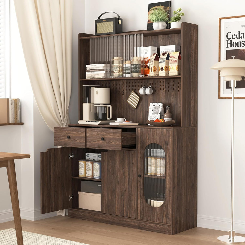 71" Tall Kitchen Pantry Storage Cabinet with Glass Doors Large Capacity Display, Microwave Stand, Bakers Rack with Storage for Kitchen, Pantry, Living Room (Walnut)