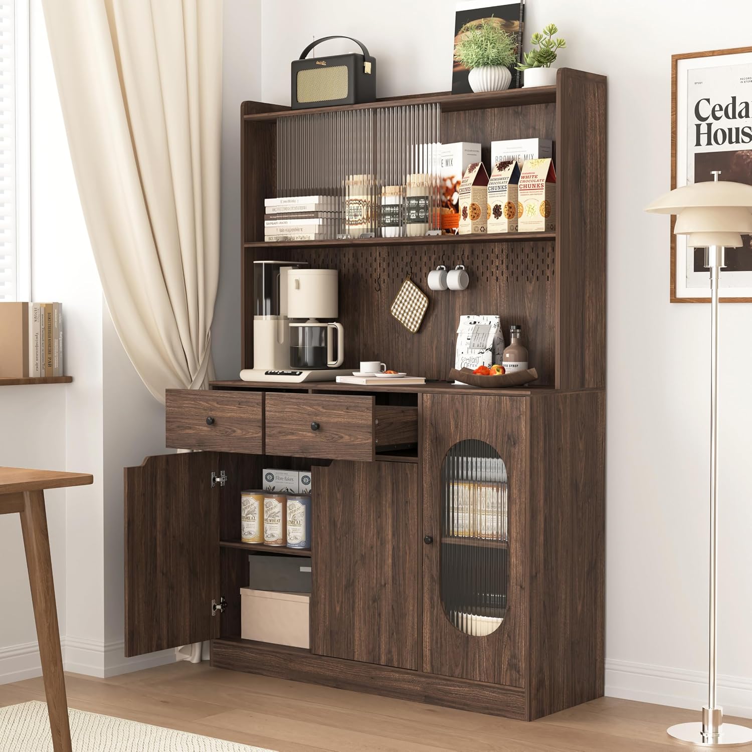 71" Tall Kitchen Pantry Storage Cabinet with Glass Doors Large Capacity Display, Microwave Stand, Bakers Rack with Storage for Kitchen, Pantry, Living Room (Walnut)