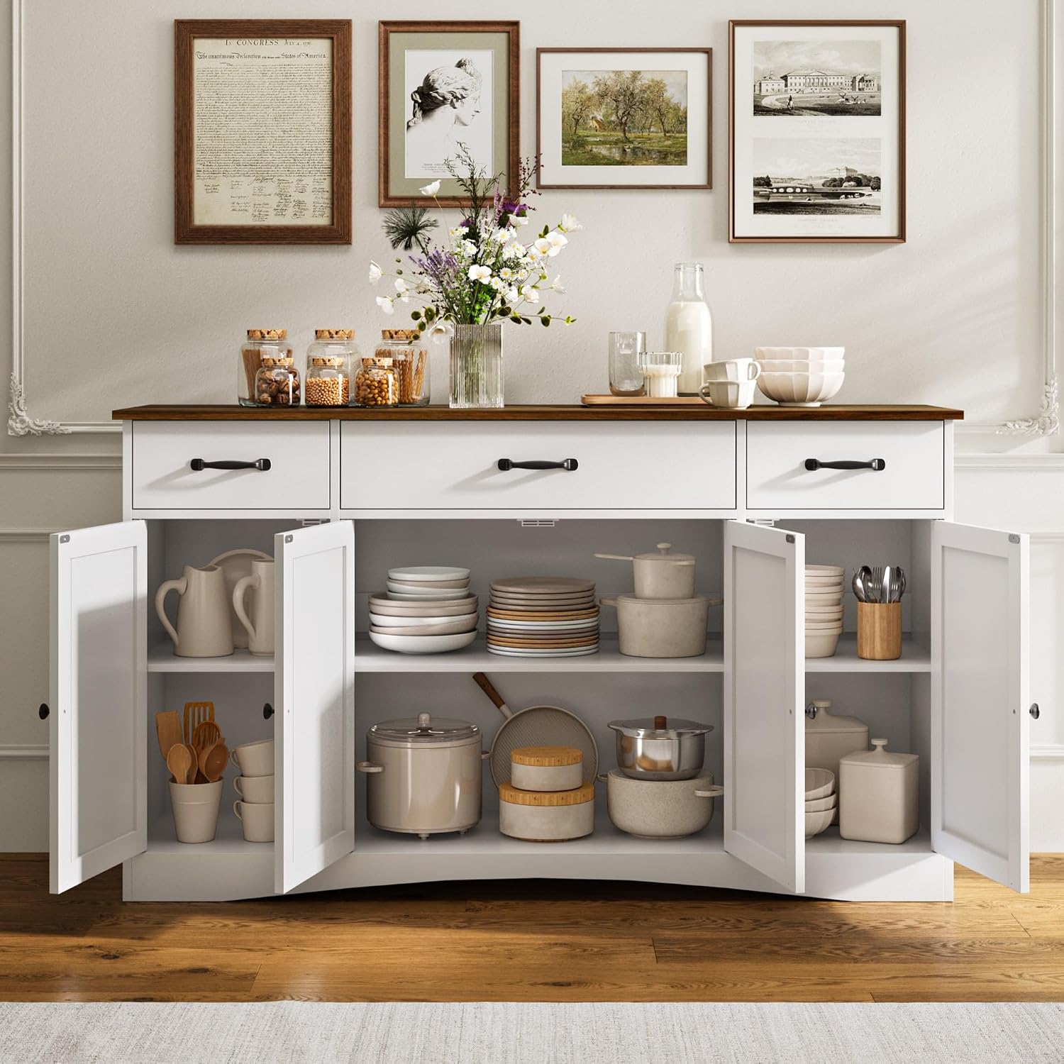 Gizoon Sideboard Buffet Cabinet with Storage, Modern Kitchen Sideboard and Coffee Bar with Drawers and Doors, Wood Buffet Table for Dining Room, 15.2" D x 55.1" W x 31.9" H, White/Rustic Brown