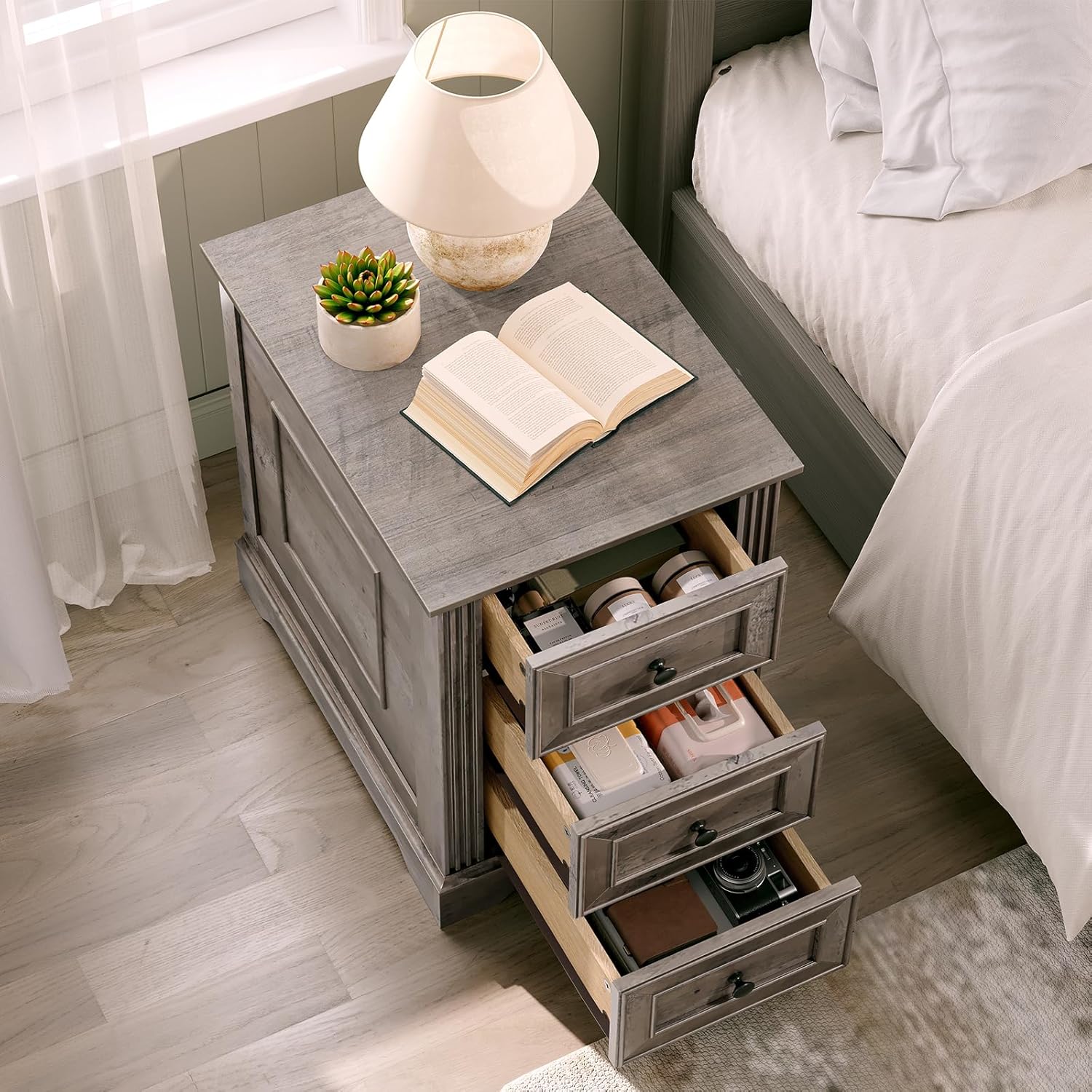 RALGEND Farmhouse End Table with 3 Drawers, Wooden Slim Nightstand, Narrow Sofa Side Table with Storage for Living Room, Bedroom, Study, Greige
