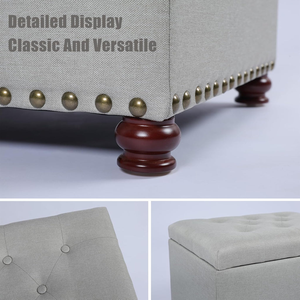 Storage Ottoman, 24" Linen Fabric Rectangle Bench Foot Rest Stool, Fabric Footrest Ottomans with Storage, Storages Seats for Living Room, Bedroom, Office