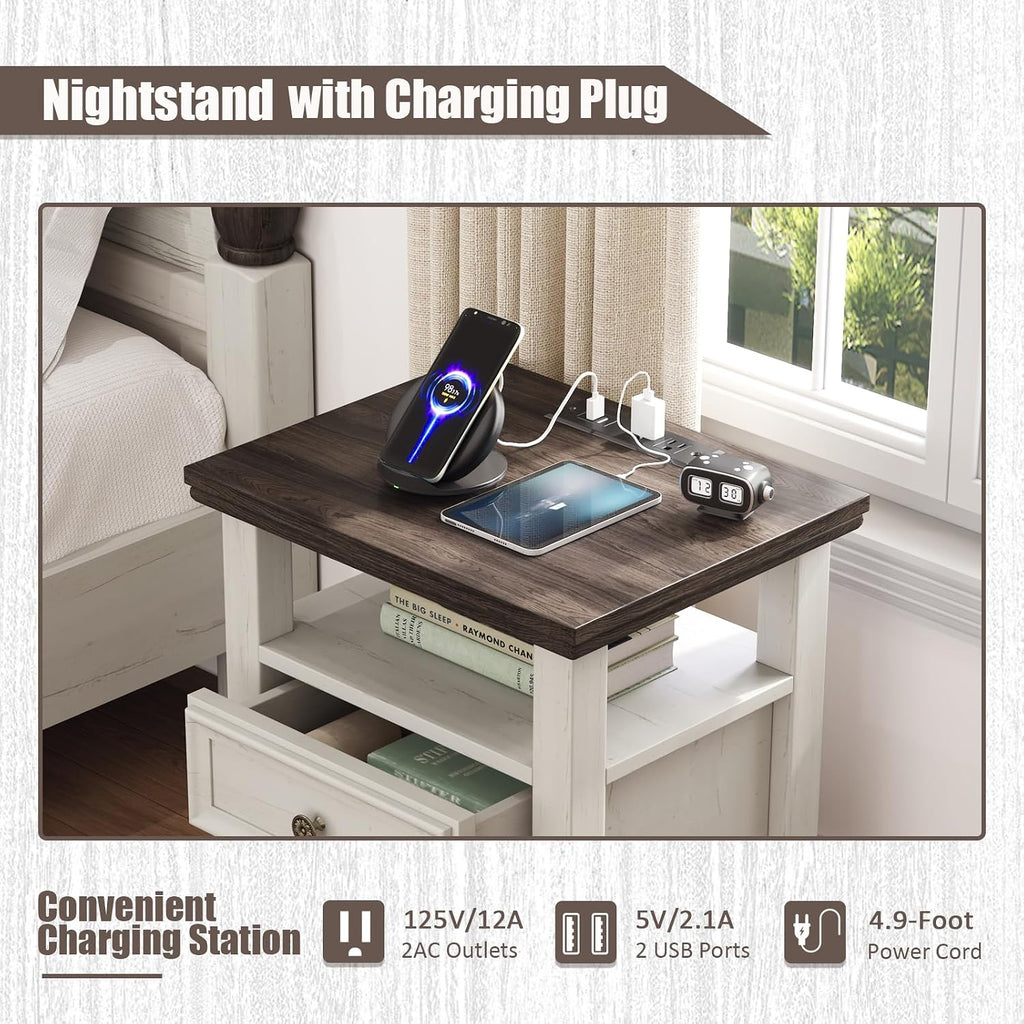 BOSHIRO Antique White Nightstand with Charge Station,Sofa End Table with 2 Drawers & Storage Shelf, Wooden Bed Side Table with USB Ports & Outlets for Bedroom,Home Office
