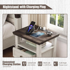 BOSHIRO Antique White Nightstand with Charge Station,Sofa End Table with 2 Drawers & Storage Shelf, Wooden Bed Side Table with USB Ports & Outlets for Bedroom,Home Office