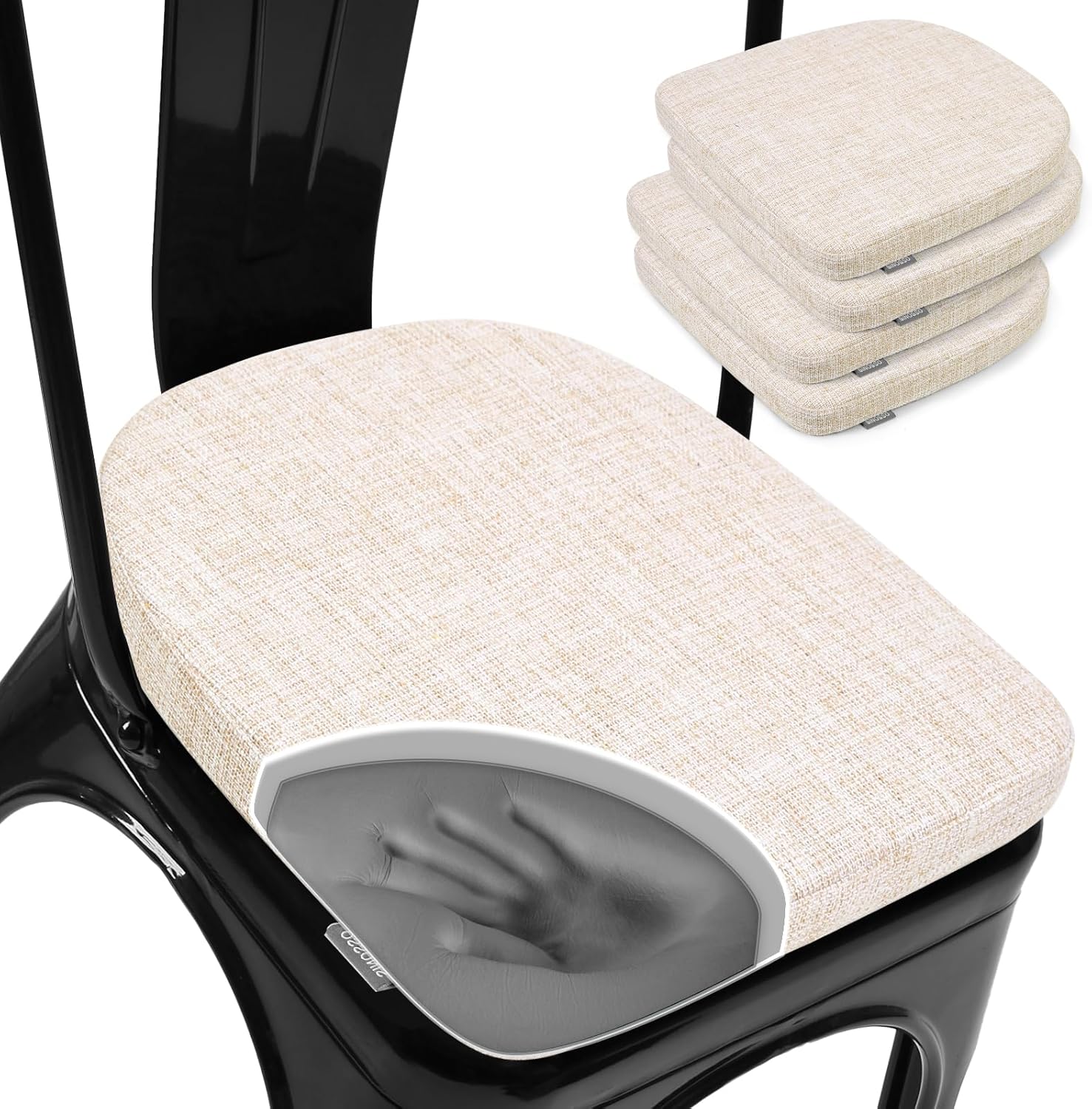 SINOSSO Memory Foam 14" Metal Chair Cushions 4 Pcs, Modern Interwoven Style Magnetic Chair Pads for Dining Kitchen Cafe Bistro Stackable Chair (U-Shape, Beige, 4)