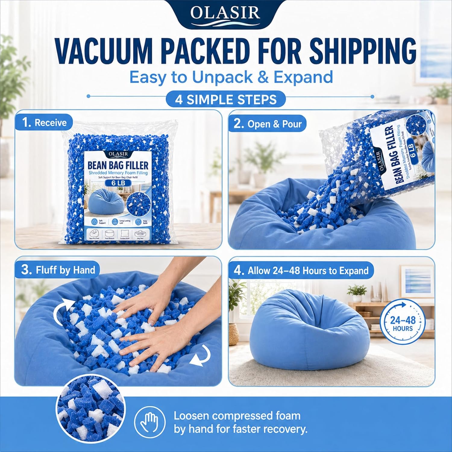 Bean Bag Filler, 6lbs Shredded Memory Foam Filling, Memory Foam Pillow Stuffing for Bean Bag Refill, Couch, Cushion, Stuffed Animals, Dog Bed, Arts Crafts,Blue and White