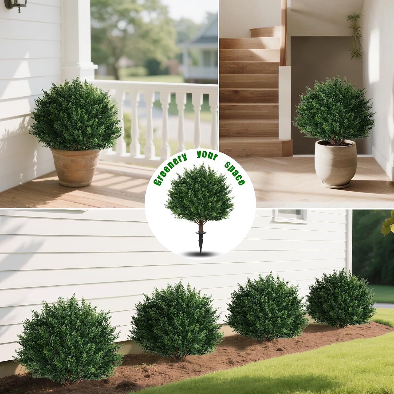 Yangrass Artificial Set of 4 Cedar Topiary Trees with Ground Spike, 4 Pack Artificial Plants with UV Resistant, Faux Evergreen Tree for Indoor Outdoor