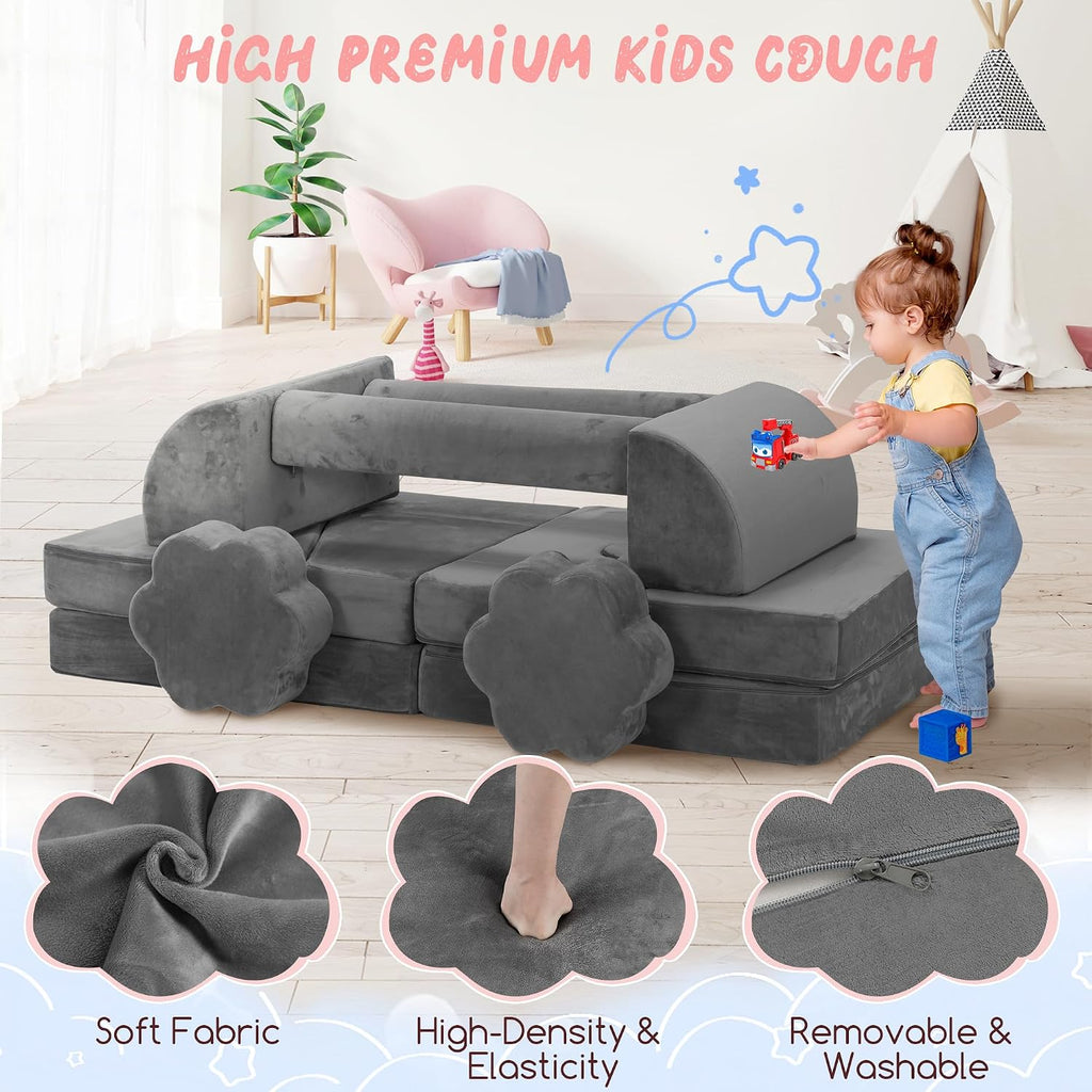 Modular Play Sofa 14-Piece Foam DIY with Washable Velvet Cover 100% Stain Removal Easy Assembly for Active Playroom Seating and Creative Space Design