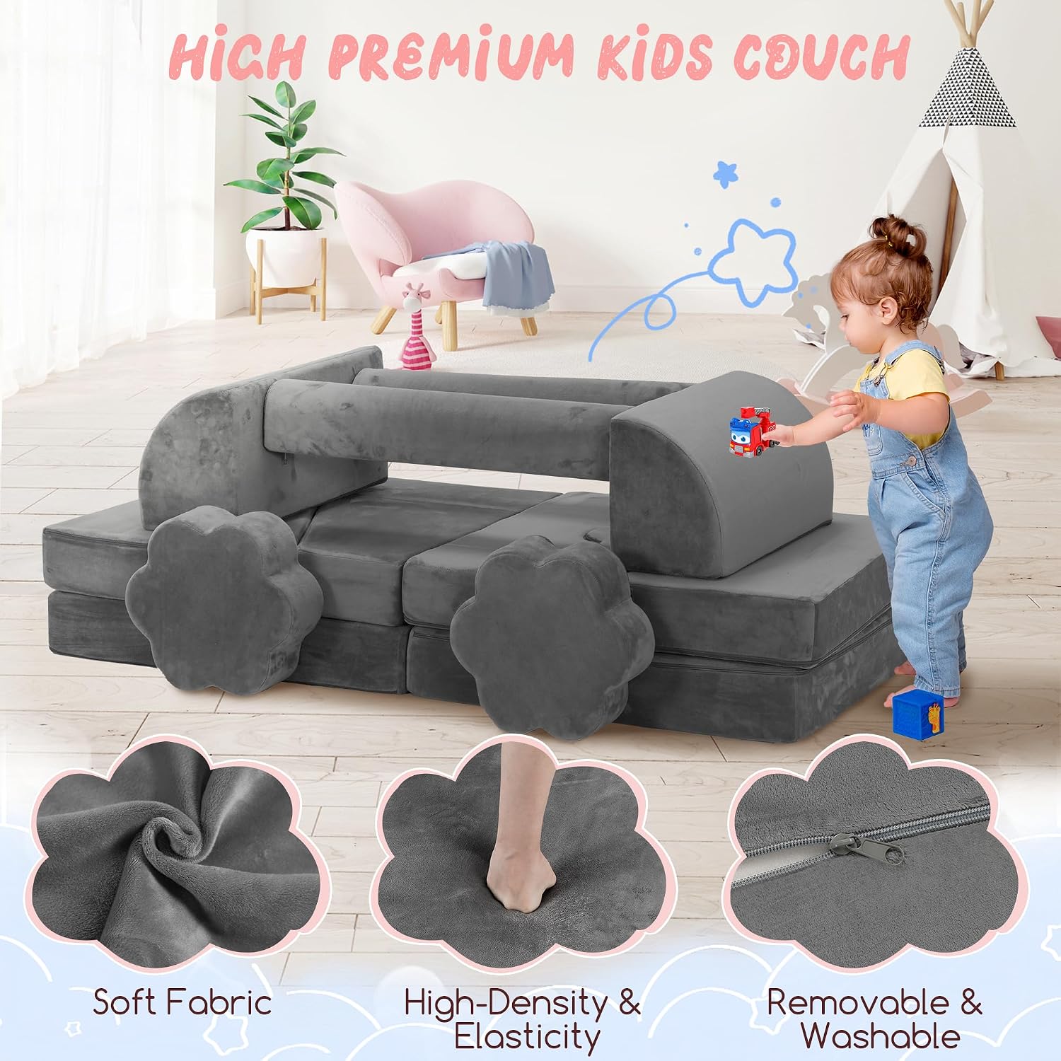 Modular Play Sofa 14-Piece Foam DIY with Washable Velvet Cover 100% Stain Removal Easy Assembly for Active Playroom Seating and Creative Space Design