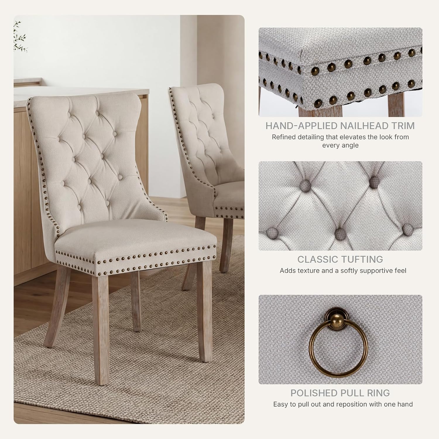 Beige Linen Dining Chairs Set of 4, Fabric Upholstered Kitchen & Dining Room Chair, Tufted Mid Century Modern Dinning Room Chairs, High Back, Wood Legs, Sillas de Comedor