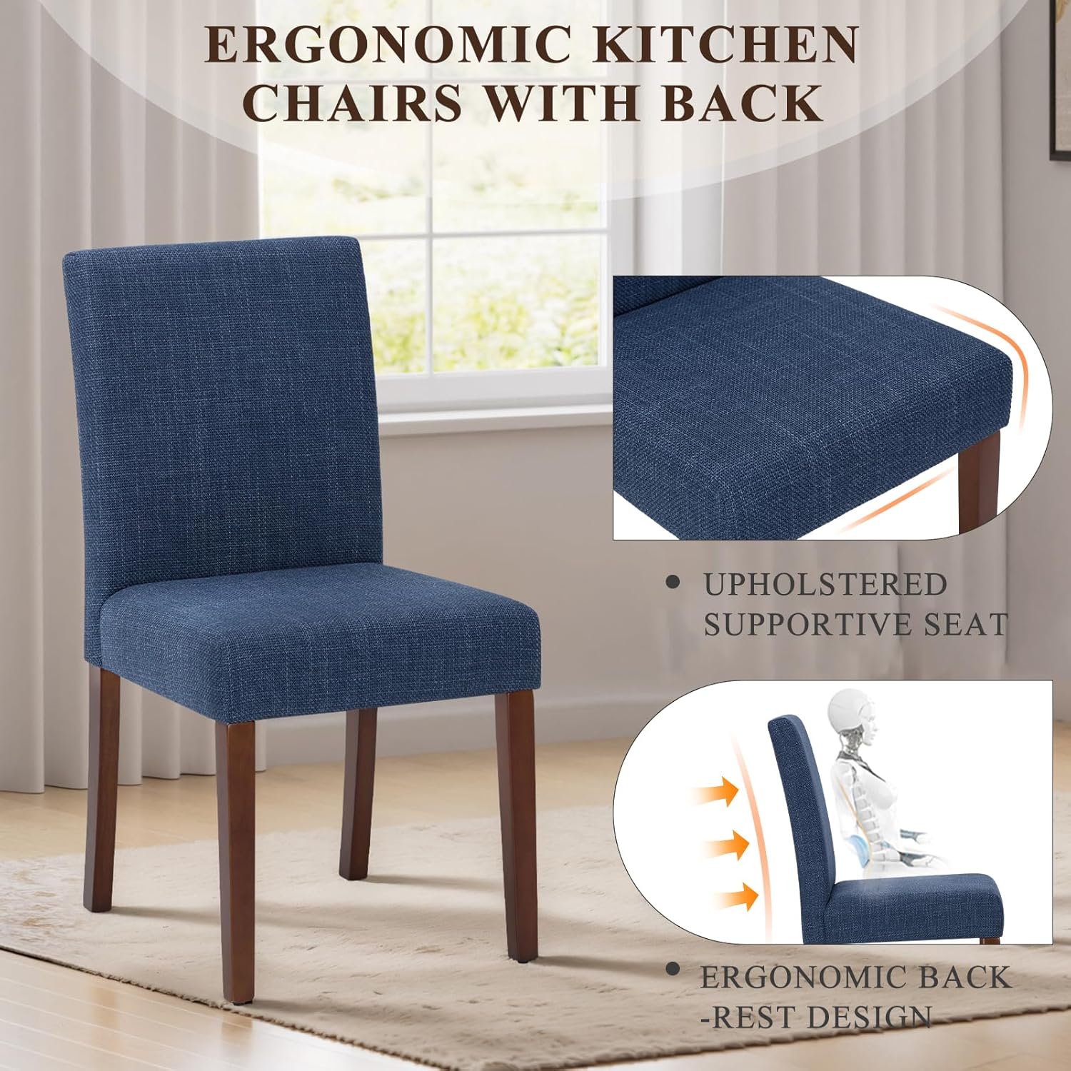 Upholstered Parsons Dining Chairs Set of 4, Modern Dining Room Chairs with Back, Fabric Kitchen Side Chairs with Wood Legs for Dinner Farmhouse Restaurant, Blue
