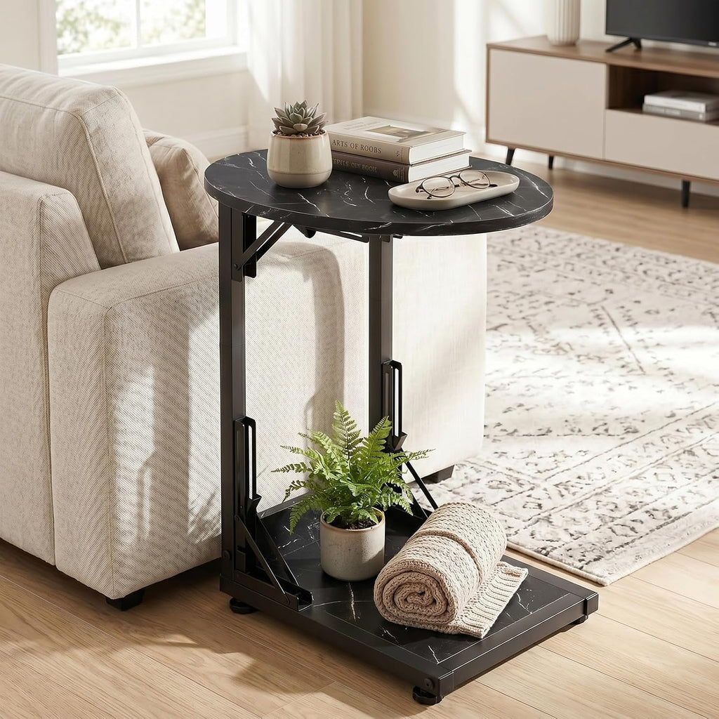 Folding Side Table, C Shaped End Table with Metal Frame, Round Couch Table & Slide Under Sofa TV Tray Table for Living Room, Bedroom, Small Spaces (Marble Black)