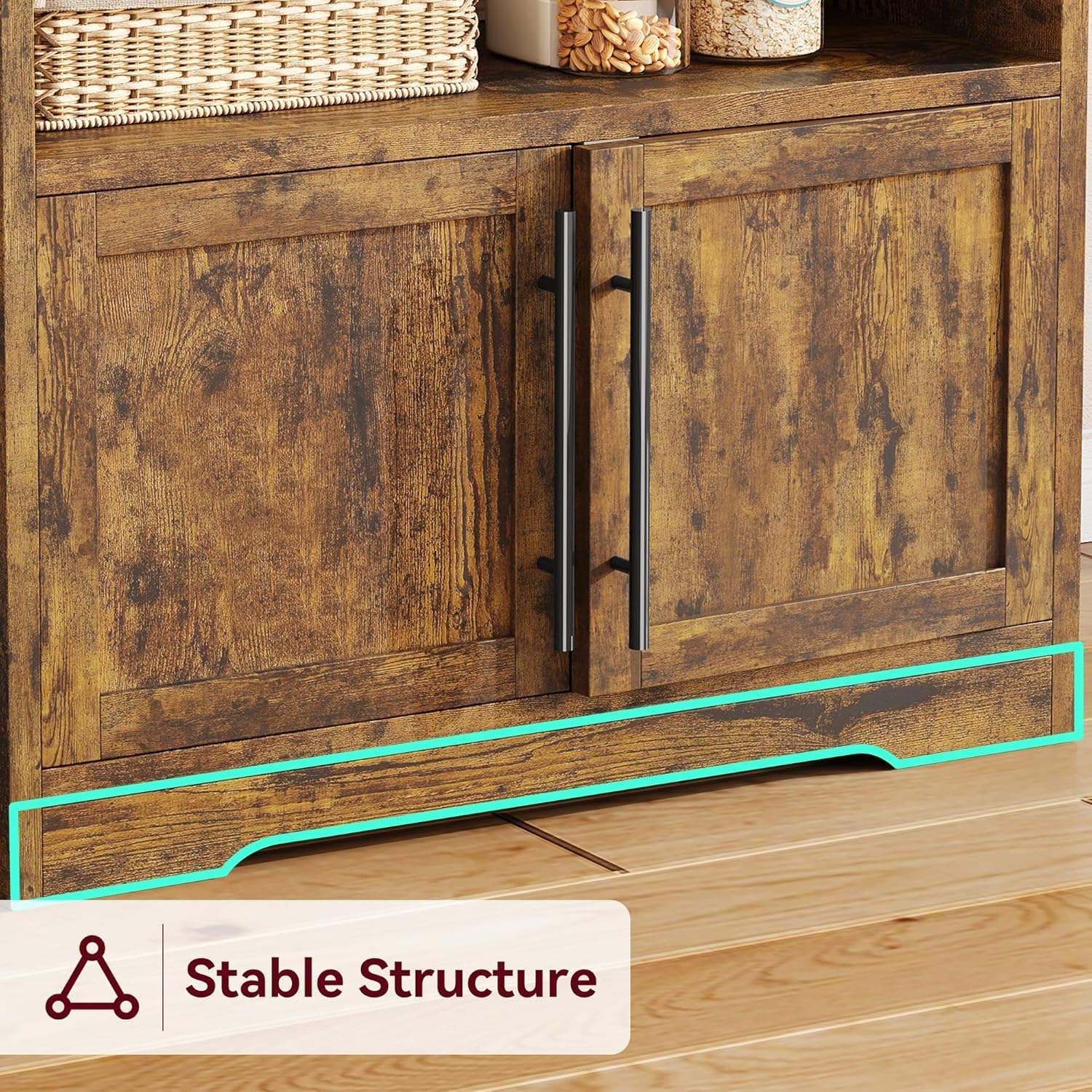 GarveeLife Farmhouse Bakers Rack with Power Outlets, 63 Inch Microwave Stand with Cabinet and Storage Shelves, Kitchen Coffee Bar Station with USB Ports and Hutch, Cabinet for Spices Dishes Pots