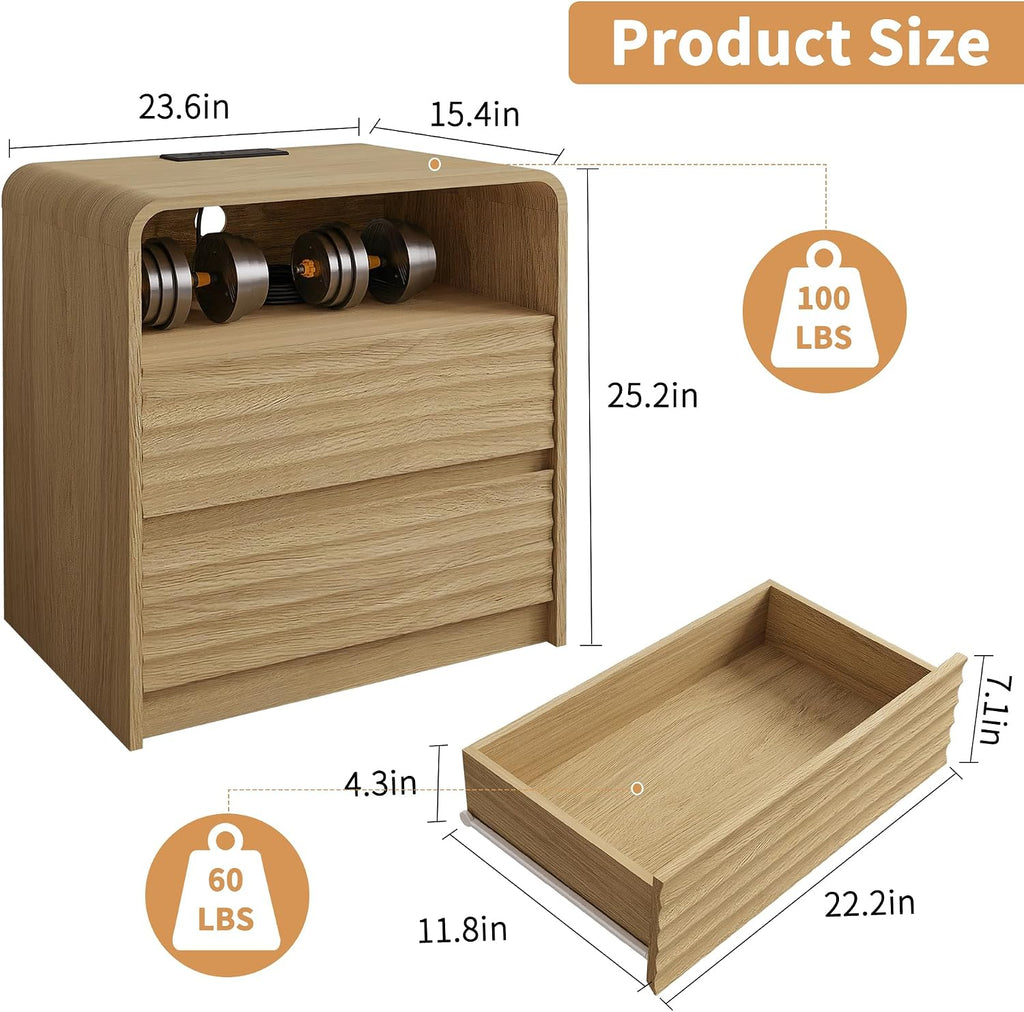 Fluted Nightstand with Charging Station, 23.6'' Wide Morden End Table 2 Drawers & Open Shelf, Curved Profile Design, Wood Bedside Table for Bedroom (Natural Oak, 2 Pieces)
