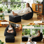 Cloud Large Bean Bag Chair with Ottoman, Corduroy Fabric+35D Memory Foam Big Beanbag Chair for Adults,Lounger Chairs Sofa Boneless Puff Chair for Living Room (Beige) (Black, Clouds)