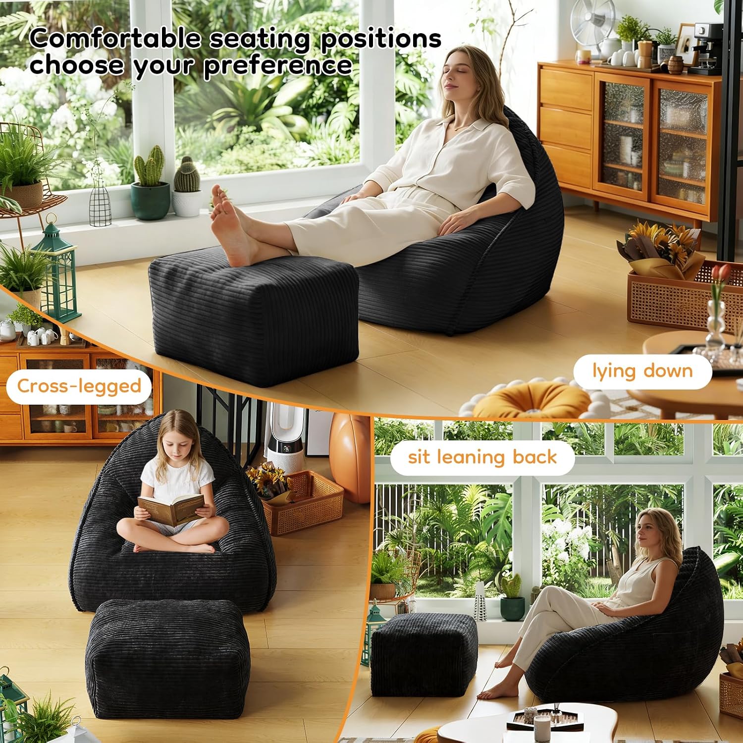 Cloud Large Bean Bag Chair with Ottoman, Corduroy Fabric+35D Memory Foam Big Beanbag Chair for Adults,Lounger Chairs Sofa Boneless Puff Chair for Living Room (Beige) (Black, Clouds)