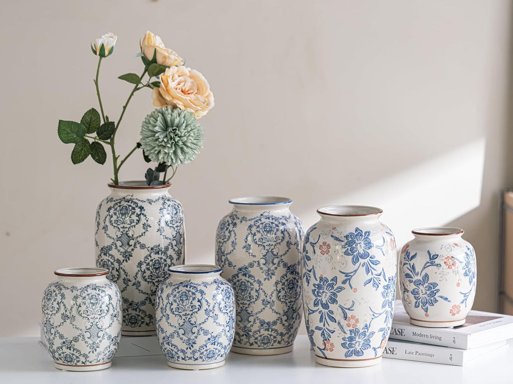 Blue and White Vase, Vintage Blue Ceramic Flower Vessel,Ceramic vases for Home Decor,Vintage Vase for Home Decor, Living Room, Shelf, Office, Rustic Table Centerpiece (Blue and white-01, Small)