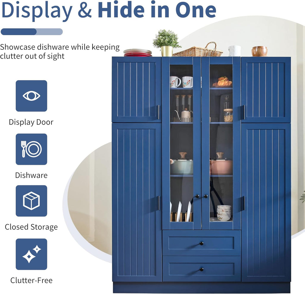JIVOIT 71''H Large Kitchen Pantry with 6 Doors, Drawers, Adjustable Shelves, Door Shelves, Pull-Out Trays and Wine Rack, Modern Wood Storage Cabinet Cupboard for Dining Room (Blue/170)
