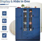 VilroCaz Wood Large Kitchen Pantry with 6 Doors, 53.2''Lx17.7''W Storage Cabinet Cupboard with Drawers, Adjustable Shelves, Pull-Out Trays and Wine Rack for Dining Room (Blue-4.19)