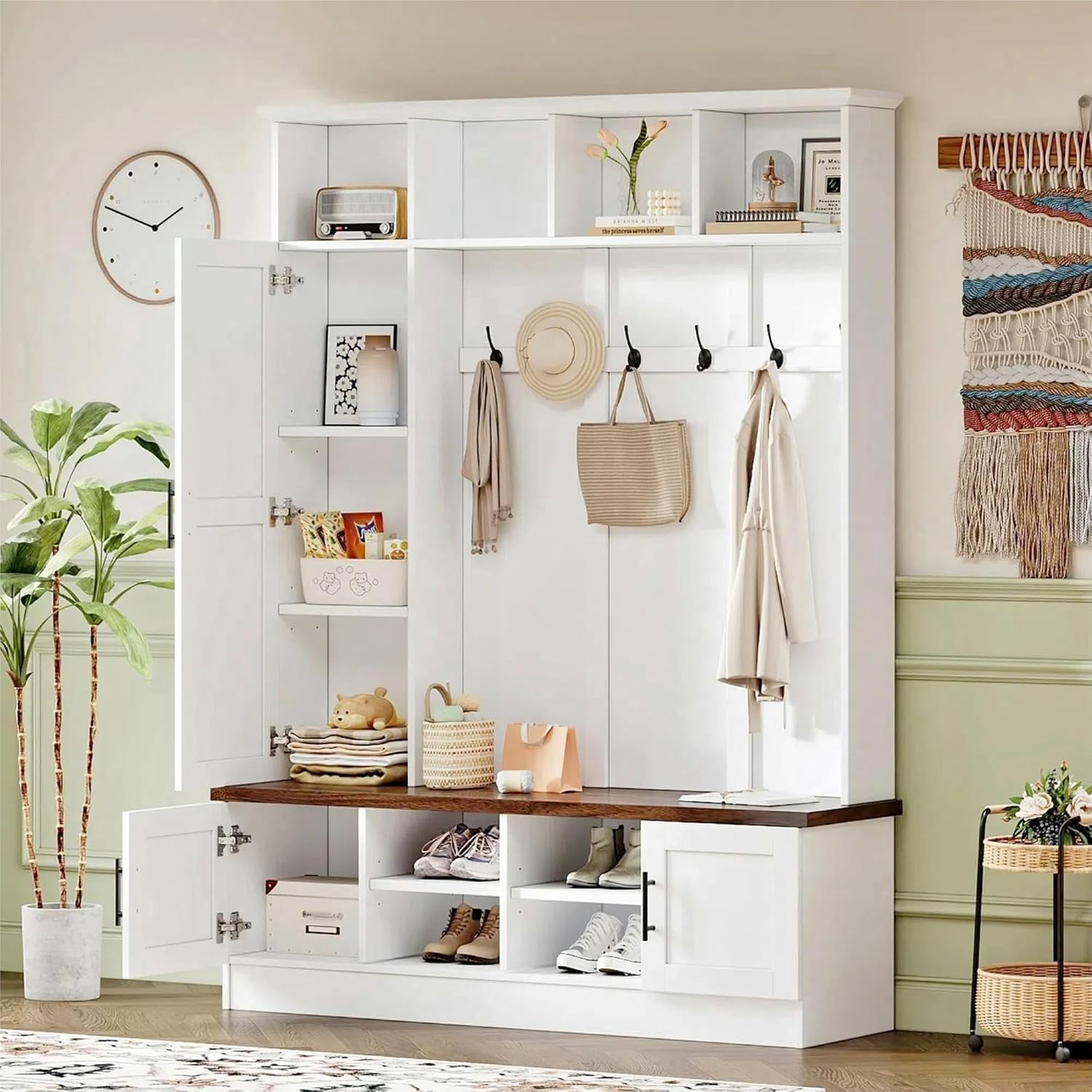 4-in-1 Hall Tree with Bench and Shoe Storage, Multi-functional Entryway Bench with Coat Rack, Storage Shelves, Shoe Cubbies, Adjustable Shelves, and 6 Hooks for Entryway, Hallway, White