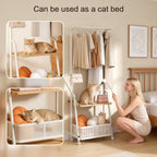 Coat Rack Freestanding with Wheels, 3-Tier Storage Garment Rack with Storage Basket, Rolling Organizer for Coats, Hats, Bags & Clothes, Coat Hanger Stand for Entryway Bedroom (H 66.9" x W 24)