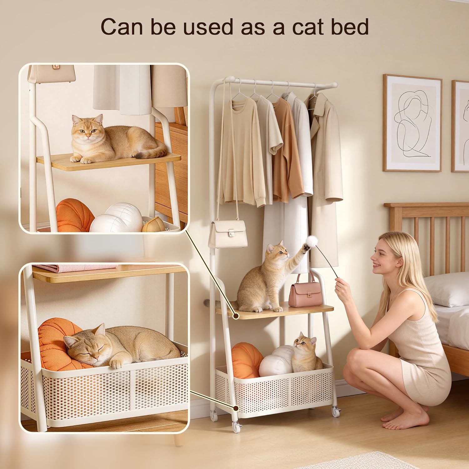 Coat Rack Freestanding with Wheels, 3-Tier Storage Garment Rack with Storage Basket, Rolling Organizer for Coats, Hats, Bags & Clothes, Coat Hanger Stand for Entryway Bedroom (H 66.9" x W 24)
