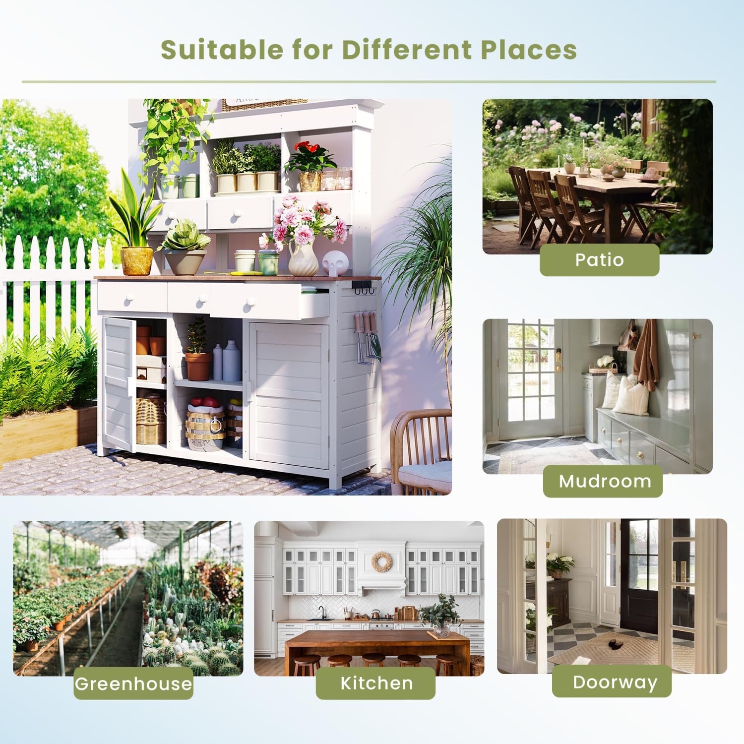 65.7" H Tall Garden Potting Bench with Hutch, 3 Shelves, 6 Drawers, 2 Cabinets, Side Hooks