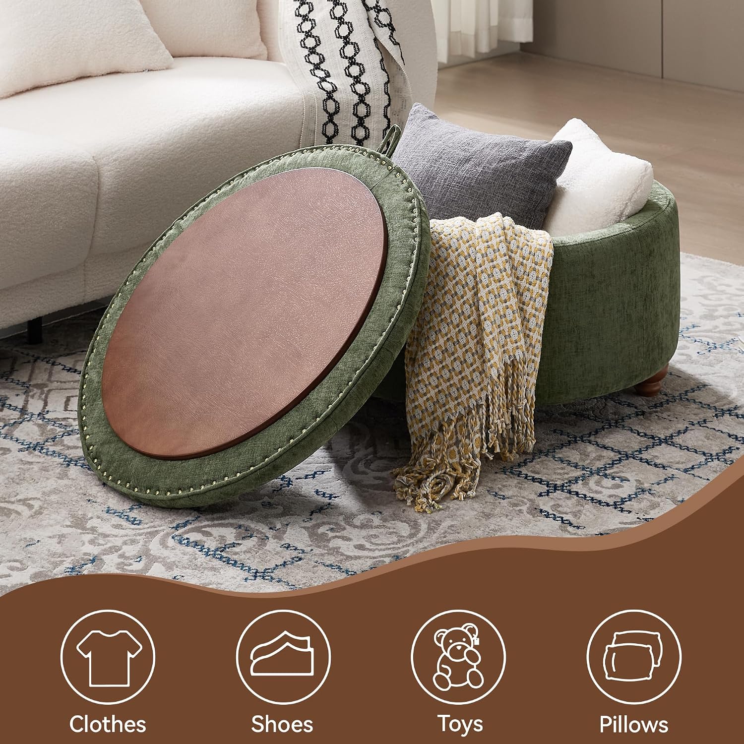 WUTUTUEE 30Inch Round Storage Ottoman with Tray, Modern Tufted Circle Coffee Table with Storage, Upholstered Ottoman with Removable Top for Living Room, Bedroom, Chenille Green