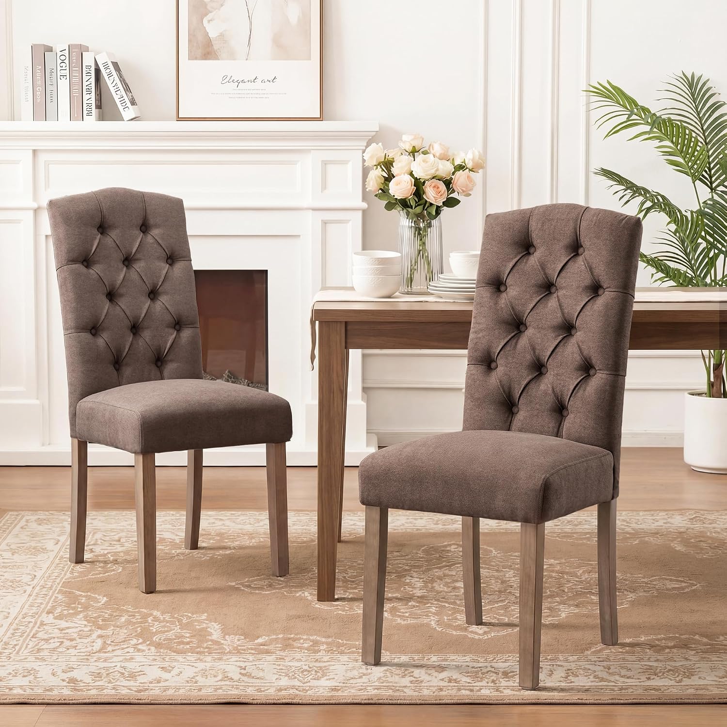 Tufted Upholstered Parsons Dining Chair Set Fabric Diner Accent Stylish Modern Kitchen Living Room with Button Sturdy Solid Wood Legs, 4-Pack