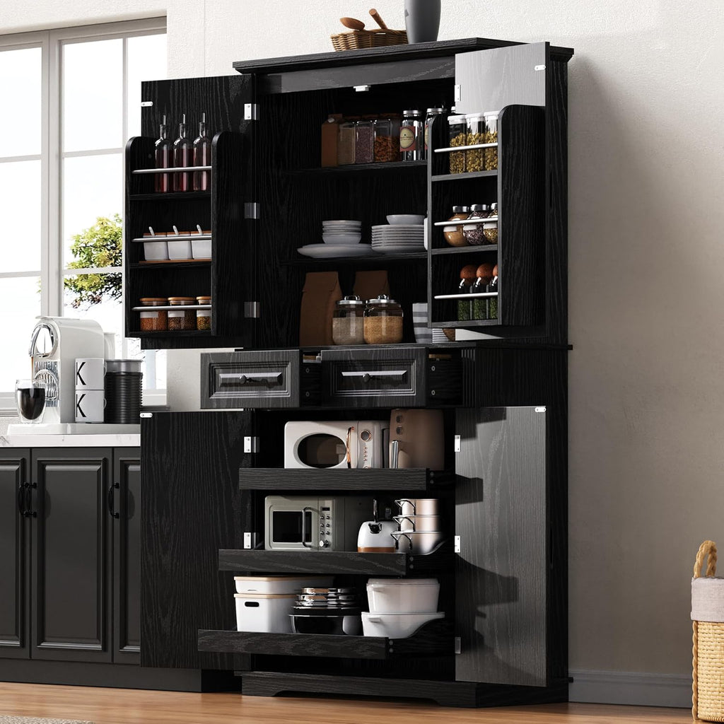 71" Tall Kitchen Pantry Cabinet, Freestanding Pantry Storage Cabinet with 3 Pull Out Organizers, 6 Door Shelves & 2 Drawers, Farmhouse Embossed Texture Cupboard for Kitchen, Dining Room, Black