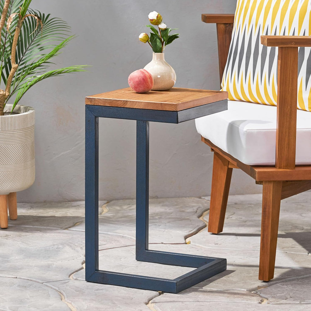 C-Shaped Side Table with Natural Wood Top and Metal Frame, Rectangular, for Living Room, 10.25 x 12.75 x 19 Inches