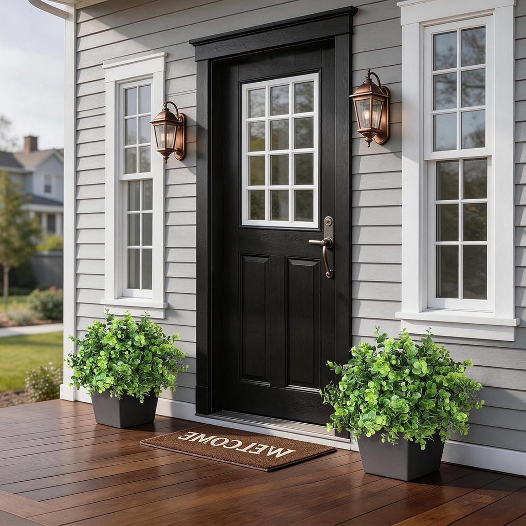 Set of 2 Artificial Eucalyptus Topiary Ball Trees for Front Porch Decor - 17" Faux Eucalyptus in Pot,Realistic Fake Eucalyptus Leaves Potted Plant for Farmhouse Home Front Door Outdoor Decor (Green)