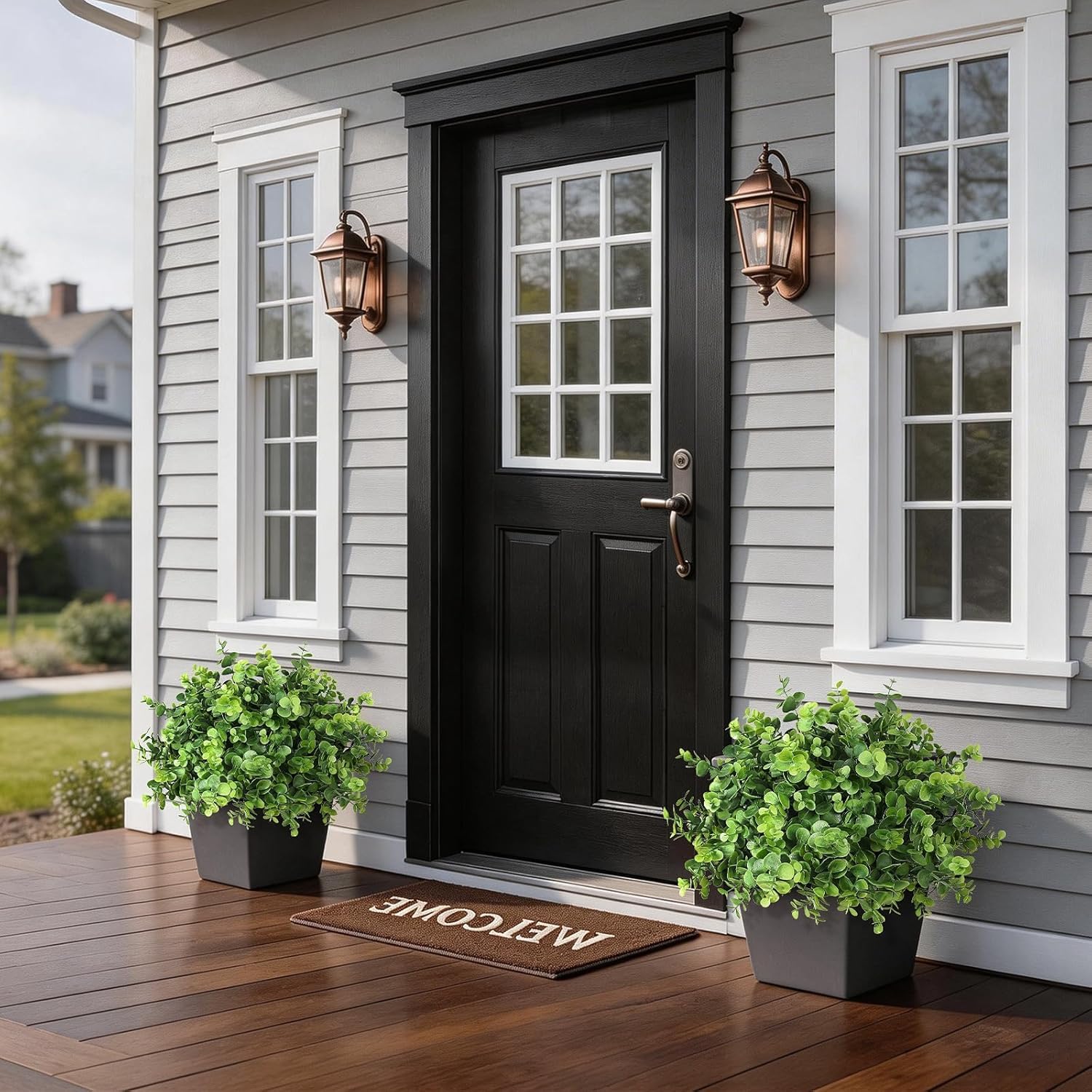 Set of 2 Artificial Eucalyptus Topiary Ball Trees for Front Porch Decor - 17" Faux Eucalyptus in Pot,Realistic Fake Eucalyptus Leaves Potted Plant for Farmhouse Home Front Door Outdoor Decor (Green)