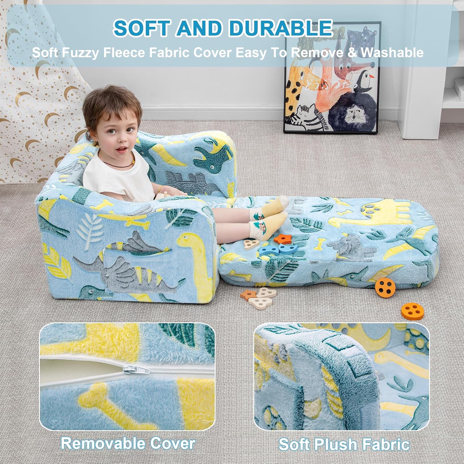 Airpanda Comfy Kids Chair and Couch with Blanket,2-in-1 Soft Fold Out Couch for Girls and Boys,Convertible Sofa Chair for Playroom, Green Dinosaur