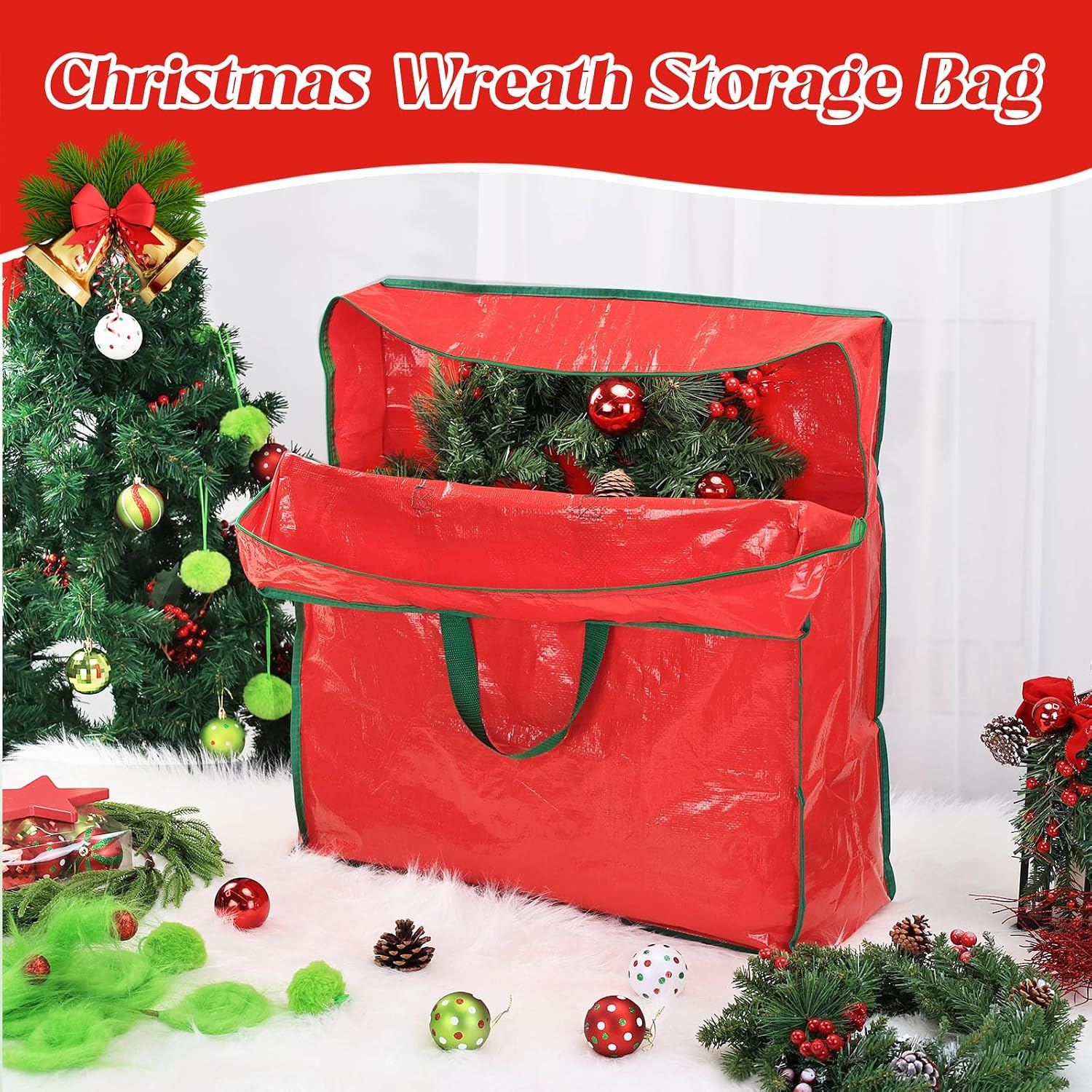 4PCS Christmas Wreath Storage Container, 25" Red Wreath Storage Bags Garland Container Clear Storage Bags with Handles Zippers Christmas Wreath Boxes for Xmas Seasonal Holiday Wreath Garland