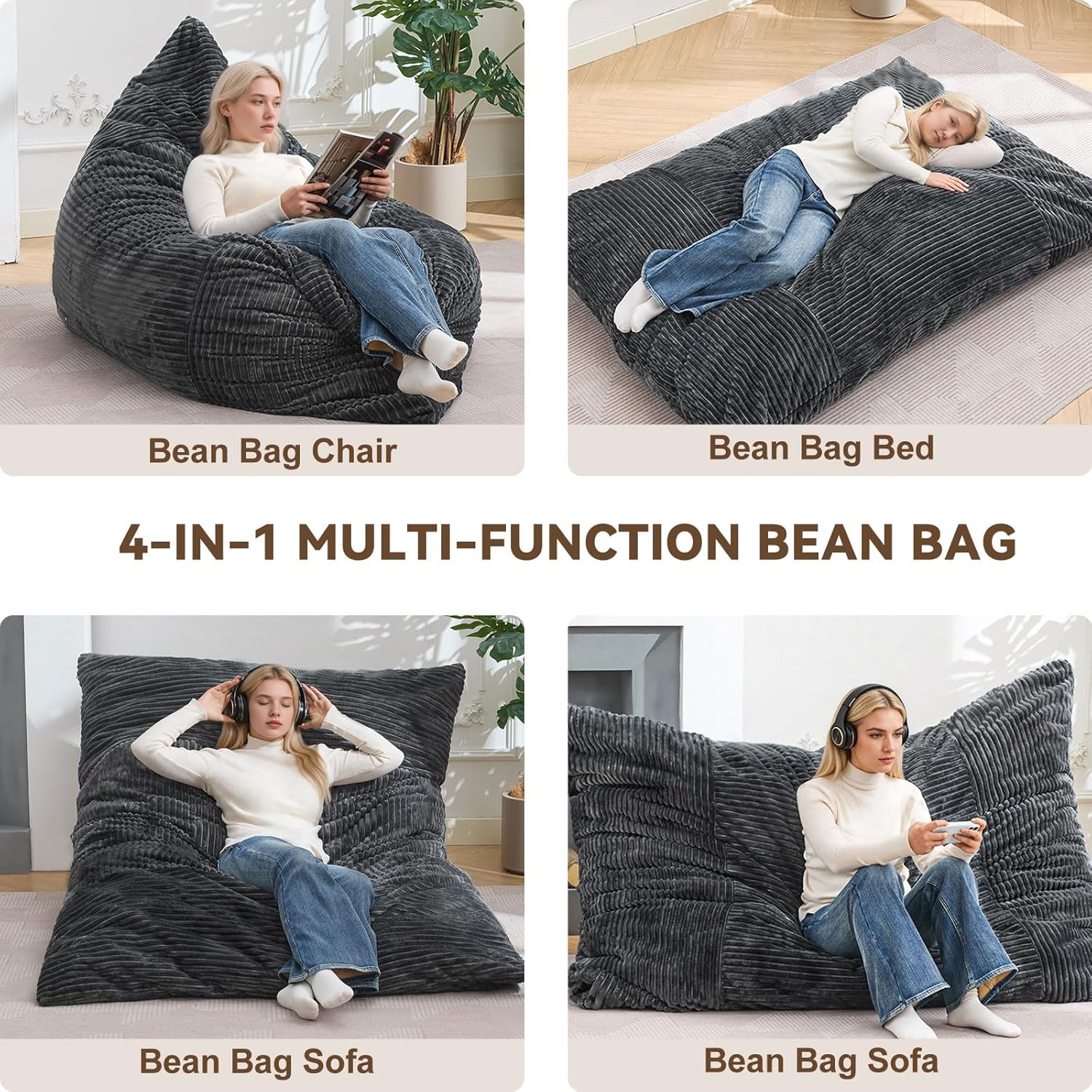 3 in 1 Giant Bean Bag Chair for Adults & Kids, Floor Futon Mattress, Couch & Floor Cushion, Comfy Reading Lounge Sofa, Soft Corduroy Washable Cover for Bedroom, Living Room & Dorm, Black