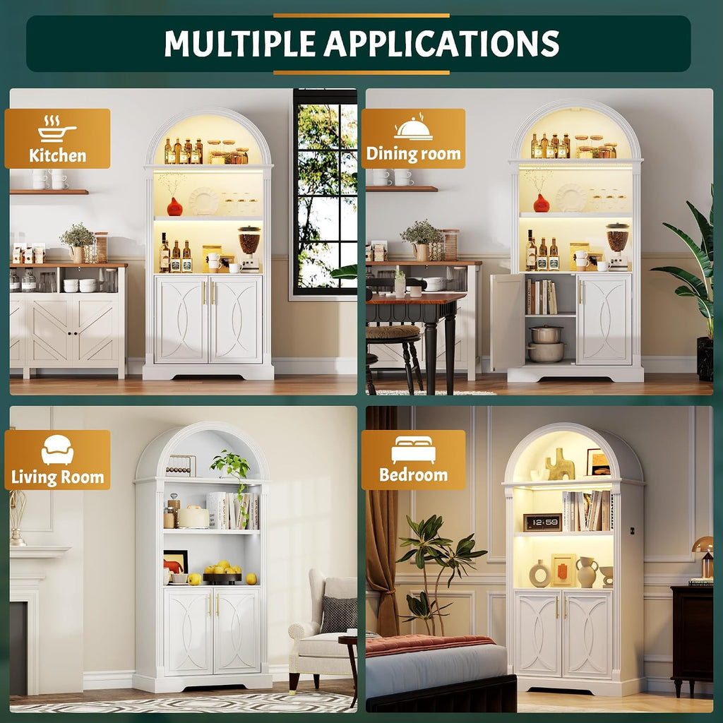 Vlsrka 71" Tall Arched Cabinet, Kitchen Pantry Cabinets, Arched Bookshelf/Bookcase,China Cabinet, Wood Kitchen Storage Cabinets with Open & Adjustable Shelves, Induction 3 Color Lights, White